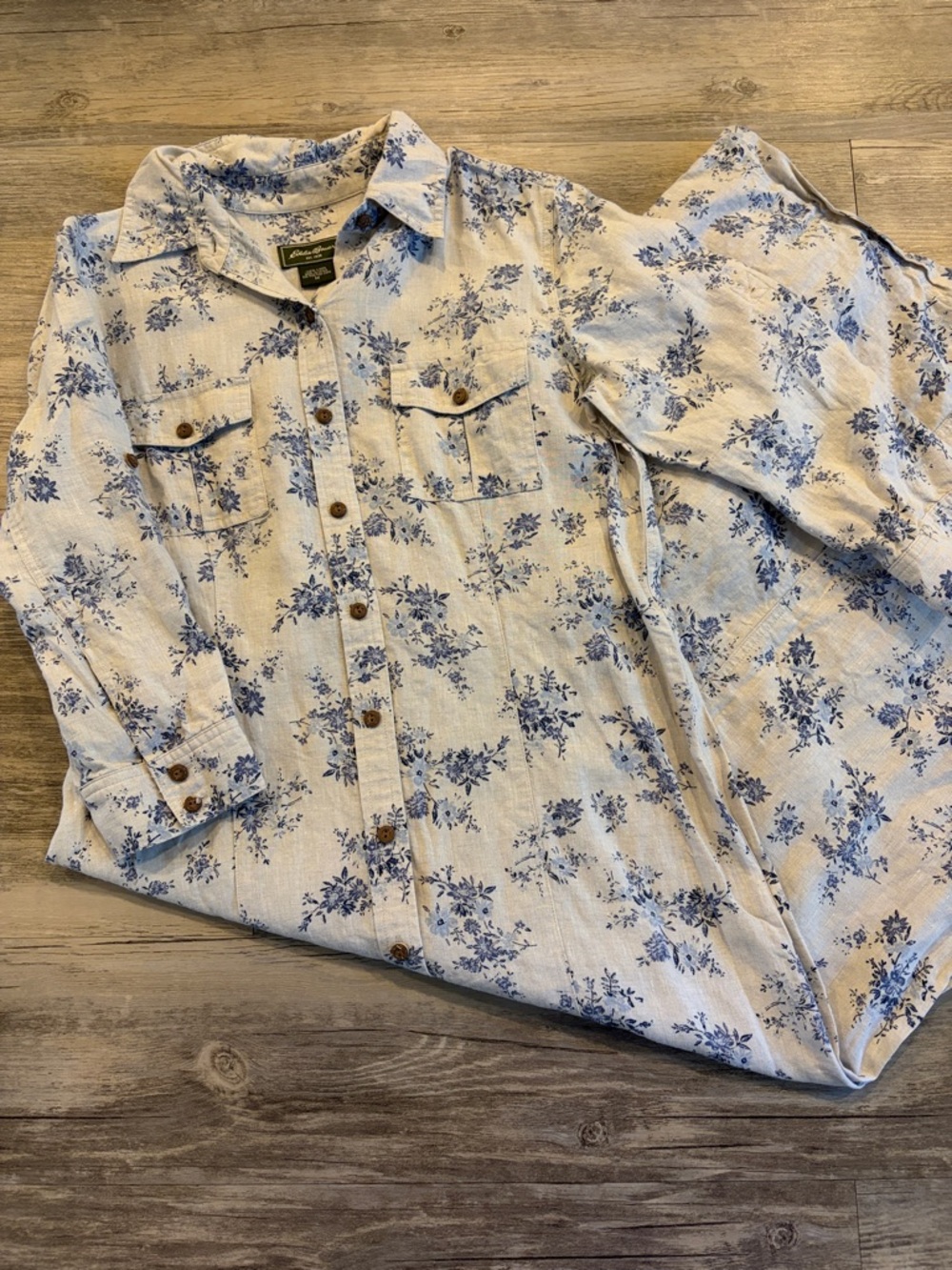 Eddie Bauer Cream Linen Long Dress with Blue Floral Print